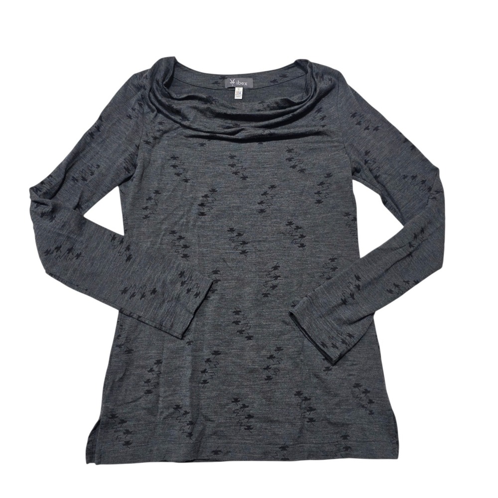 Ibex Merino Wool Cowl Neck Long Sleeve Top Womens S Charcoal Gray Geometric